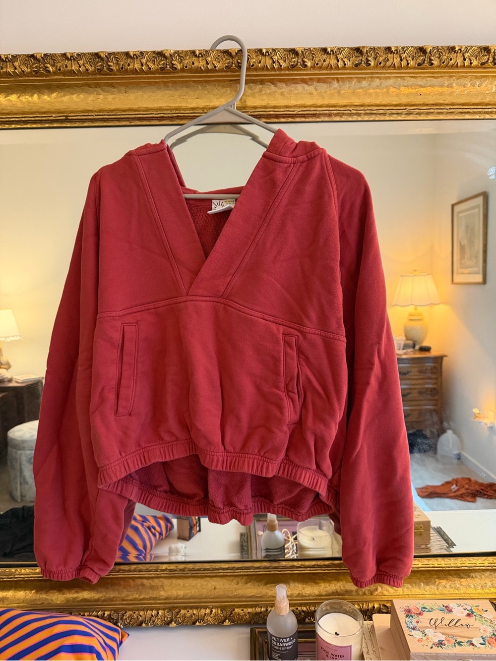 Aerie Deep Red V-Neck Cropped Hoodie